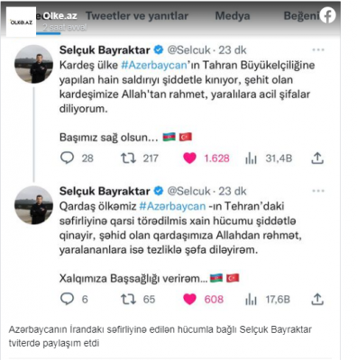Səlcuq Bayraktar Azərbaycan xalqına başsağlığı verib
