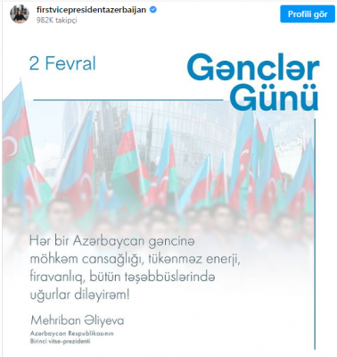 Mehriban Əliyeva Azərbaycan gənclərini təbrik edib