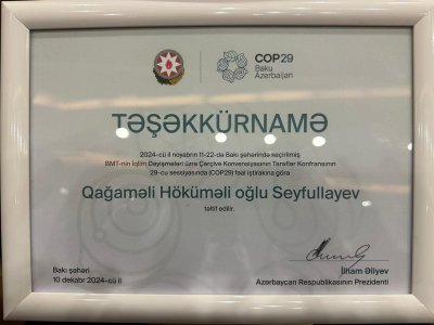  CƏNAB PREZİDENT QAĞAMƏLİ SEYFULLAYEVİ" TƏŞƏKKÜRNAMƏ" İLƏ TƏLTİF ETDİ