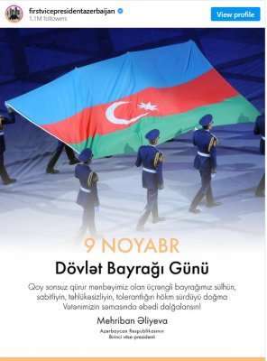 Mehriban Əliyeva Dövlət Bayrağı Günü münasibətilə paylaşım edib