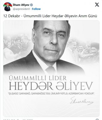 Prezident İlham Əliyev Ümummilli Lider Heydər Əliyevin anım günü ilə bağlı paylaşım edib