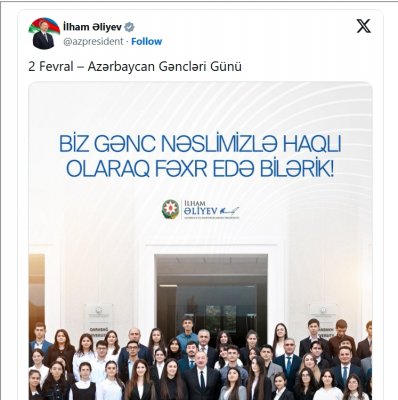 Prezidentdən Gənclər Günü ilə bağlı PAYLAŞIM