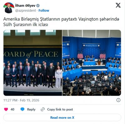 Prezident İlham Əliyevin sosial media hesablarında “Sülh Şurası”nın ilk iclası ilə bağlı paylaşım edilib