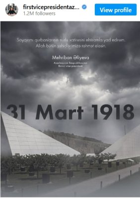 Mehriban Əliyeva 31 Mart – Azərbaycanlıların Soyqırımı Günü ilə bağlı paylaşım edib