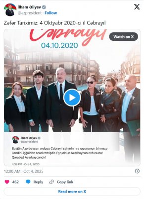 İlham Əliyev Cəbrayıl şəhərinin işağldan azad edilməsinin ildönümü ilə bağlı paylaşım edib